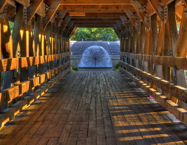 The Naperville Riverwalk features a covered bridge
